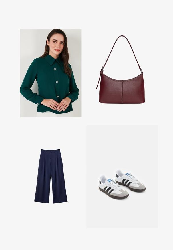 Dunkelgrünbluse mit Kragen, langen Ärmeln und dekorativen Edelsteinknöpfen entlang der Vorderseite. Glattes Material mit einem leicht schimmernden Finish.; Marineblaue weite Hosen mit Falten, Knopfverschluss und Gürtelschlaufen, flach auf einem weißen Hintergrund präsentiert.; Sportschuhe mit einem Obermaterial aus weißem Leder, grauer Wildleder-Zehenkappe und drei schwarzen Streifen. Sie verfügen über ein blaues Logo auf der Zunge und eine strukturierte Gummisohle.; Bordeauxfarbene Ledertasche mit geschwungener Form, einem einzigen Schulterriemen und gesteppten Details in der Mitte. Glatte Textur, minimales Zubehör.