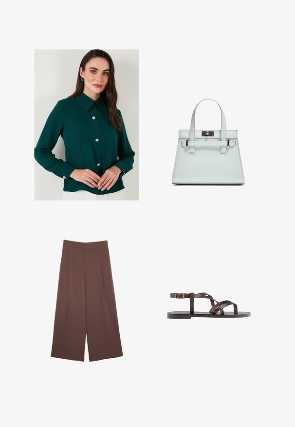 Temno zelena bluzica s ovratnikom, dolgimi rokavi in dekorativnimi gumbe iz draguljev po sprednji strani. Gladek material z rahlo sijočim zaključkom.; Rjave široke hlače z gladko teksturo, ki imajo visok pas in sprednje naborke. Tkanina je lahka in prosto pada.; Rjav usnjen sandal z načinom prečnega črta, zaklepom okoli gležnja in ravnim podplatom z minimalnimi šivi.; Svetlo modra torbica z oblikovano zasnovo, dvema ročkama in kljuko iz srebrno-toniranega materiala. Teksturni material in ostri koti.