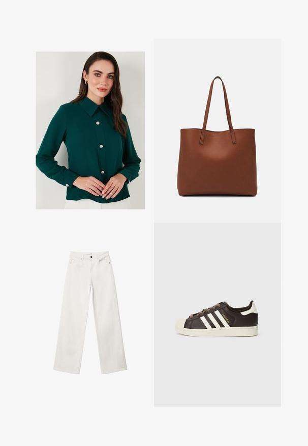 Tummanvihreä paita, jossa on kaulus, pitkät hihat ja koristeelliset jalokivipainikkeet edessä. Silkkinen kangas, jossa on hieman kiiltävä pinta.; Valkoiset leveälahkeiset farkut, joissa on korkea vyötärö, viisi taskua ja metallinen napp closure. Nämä farkut ovat sileäpintaiset ilman kuvioita.; Matala Adidas Superstar -tennari tummanruskeasta nahasta, jossa on kermahtava kuorikärki, valkoiset raidat ja "Superstar"-teksti sivussa.; Ruskea nahkainen olkalaukku, jossa on sileä pinta, avoin yläosa ja kaksi olkahihnaa. Omaavat vain minimaalisen ompelun eikä näkyvää metalliosaa.