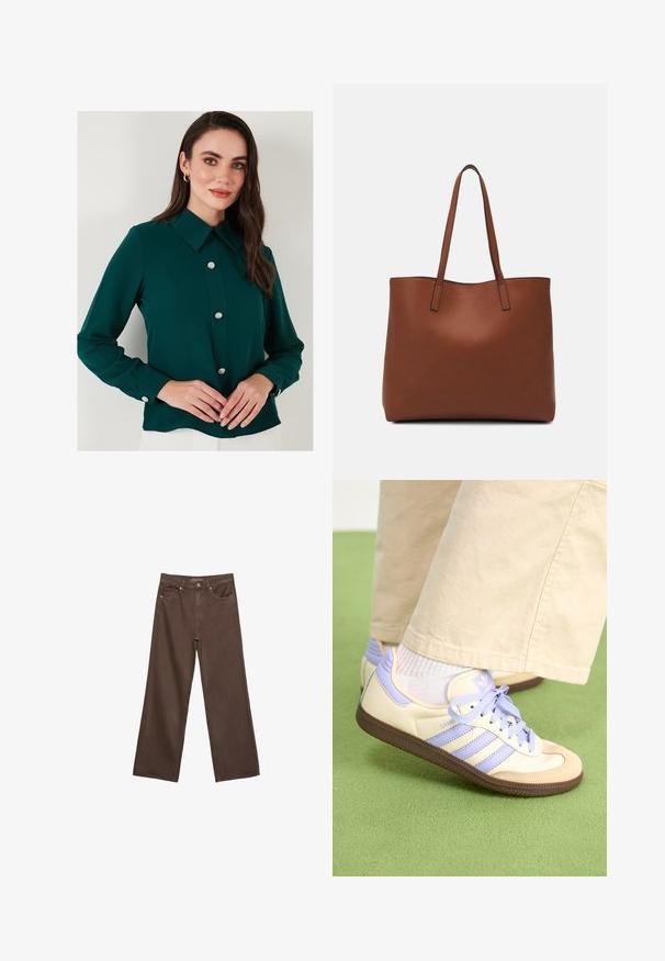 Tummanvihreä paita, jossa on kaulus, pitkät hihat ja koristeelliset jalokivipainikkeet edessä. Silkkinen kangas, jossa on hieman kiiltävä pinta.; Leviittävät ruskeat farkut, jotka on valmistettu denimistä, korkea vyötärö, etutaskut ja klassinen nappikiinnitys. Silkkinen pinta hienovaraisella ompelutyöllä.; Kermasilta ja laventelilta näyttävät lenkkarit kolmella raidalla ja teksturoidulla ruskealla pohjalla, varustettuna nauhoilla ja pehmustetulla kantapäällä. Pehmeä kangaspinta.; Ruskea nahkainen olkalaukku, jossa on sileä pinta, avoin yläosa ja kaksi olkahihnaa. Omaavat vain minimaalisen ompelun eikä näkyvää metalliosaa.