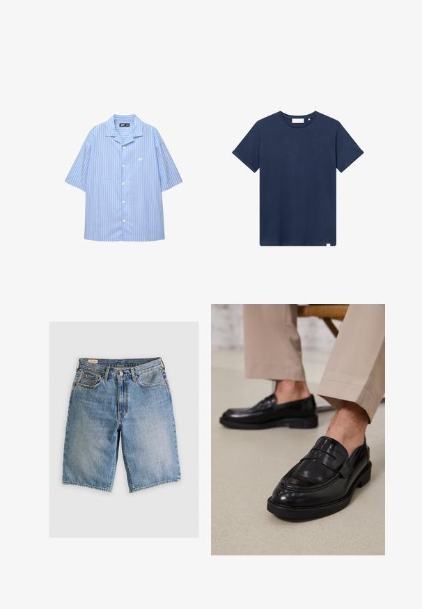 Koszula z krótkim rękawem zapinana na guziki w jasnoniebieskim kolorze z białymi pionowymi paskami. Posiada klasyczny kołnierzyk oraz małe logo na piersi. Gładka tekstura materiału.; Granatowa bawełniana koszulka z okrągłym dekoltem, krótkimi rękawami oraz małym haftowanym logo na lewej piersi. Gładka faktura.; Jasnoniebieskie szorty dżinsowe o klasycznym kroju. Posiadają pięć kieszeni, akcenty pomarańczowego przeszycia oraz surowe wykończenia brzegów.; Czarne skórzane mokasyny o gładkim wykończeniu, z dekoracyjnym paskiem i kontrastowym szwem, w połączeniu z beżowymi spodniami.