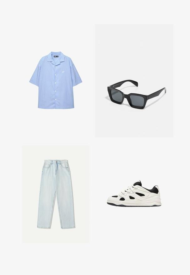 Camicia a maniche corte con bottoni di colore azzurro chiaro a righe verticali bianche. Presenta un colletto classico e un piccolo logo sul petto. Tessuto dalla consistenza liscia.; Jeans in denim azzurro chiaro con una vestibilità comoda, design a gamba dritta, stile a cinque tasche e leggere sfumature sul tessuto.; Scarpe da ginnastica bianche e nere con suola testurizzata, caratterizzate da intagli sui lati e lacci, e una schiena imbottita per il supporto.; Occhiali da sole neri rettangolari con lenti scure. Montatura in plastica con una finitura lucida, caratterizzati da un ponte ampio e braccia leggermente affusolate.