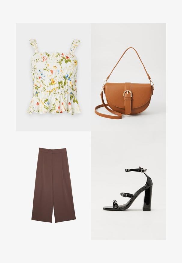 Blomstret top med hvid baggrund. Har en flæsekant, justerbare skulderstropper og smocket liv for en tætsiddende pasform.; Brune bredbunde bukser med en glat tekstur, der har høj talje og plisseringer foran. Stoffet er let og falder løst.; Sorte patenterede hælsandaler med firkantet tå, ankelremme og sølvspænder. Har en chunky blokHæl for stabilitet.; Brun læder crossbody taske med en buet form, guldfarvet hardware og en spændeaccent. Har en aftagelig skulderrem.