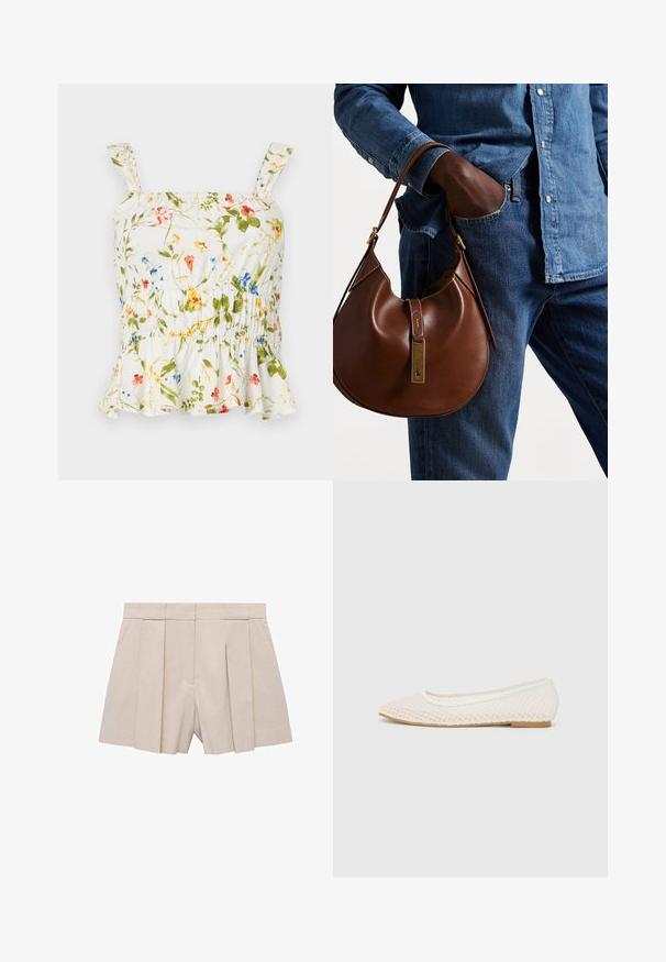 Top cu imprimeu floral pe fundal alb. Prezintă un tiv volanat, bretele ajustabile și un corset evazat pentru un design strâns.; Pantaloni scurți plisati bej, cu un design elegant, care prezintă o talie înaltă și o textură netedă. Cele patru pliuri frontale creează volum. Fără buzunare.; Pantofii albi, cu design din plasă, au vârf ascuțit și o talpă joasă, plată. Partea superioară texturată este căptușită pe interior cu un material neted și are un finisaj subtil contrastant.; Geantă hobo din piele maro, cu o formă rotunjită, având un accent din hardware aurie și cusături în contrast. Asortată cu o cămașă din denim și blugi.