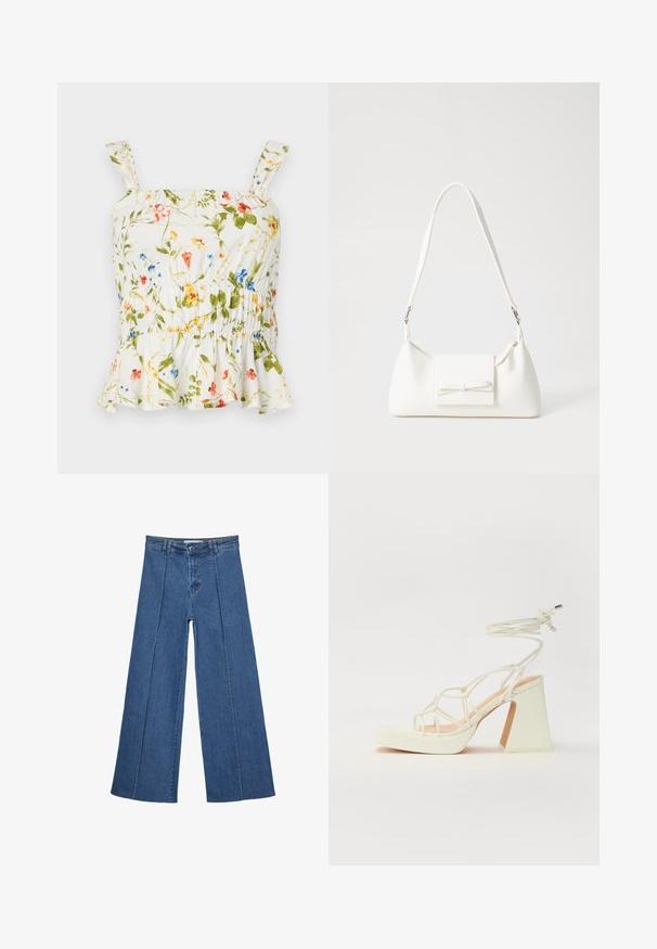 Top s cvjetnim uzorkom na bijeloj pozadini. Sadrži volanasti rub, podesive naramenice i smočeni bodice za prilagodljiv dizajn.; Široke traperice u srednje plavoj boji, s visokim strukom, zatvaranjem na dugme i kontrastnim vertikalnim šavovima duž prednje strane.; Bijela sandala na visokoj potpetici s debelim petom, s remenom i vezanjem oko gležnja. Glatka tekstura s platformom sprijeda za dodatnu visinu.; Bijela sintetička torbica s trokutastim oblikom, ravnim prednjim poklopcem i detaljem u obliku mašne, podesivom remenom, glatkom teksturom i minimalističkim dizajnom.