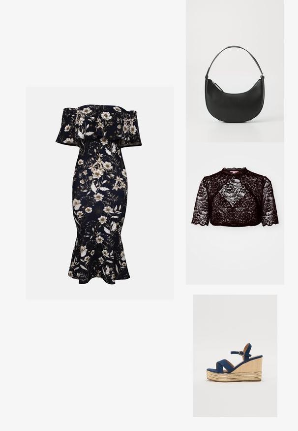 Krüger Dirndl SYDNEY - Bluse - schwarz; Off-shoulder maxikjole i marineblå med hvite og gull blomster mønster. Tettsittende silhuett med blaffende kant, laget av glatt, elastisk stoff.; Marineblå kilehæl sandal med kryssende stropper, en teksturert plattform av naturlig fiber og en gullmetallisk detalj på bunnen.; Svart lær skulderveske med en buet form, slank håndtak og glidelås. Har en glatt tekstur og subtil logo detaljer.