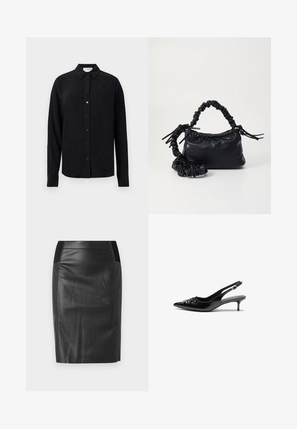 Črna dolga majica z dolgimi rokavi iz blaga, podobnega lanu, s klasičnim ovratnikom, sprednjim zapiranjem na gumbke in ravnim robom. Gladka tekstura.; Črnen usnjen svinčnik krilo s prilegajočim dizajnom, gladko teksturo in elastičnim pasom z dodatki na obeh straneh. Raven rob na dnu.; Črne usnjene slingback pete z izostrenim nosom, majhno mačje peto in okrasno vozličasto podrobnostjo na sprednjem delu. Gladka tekstura po celotni površini.; Črna torbica iz umetnega usnja s krokodilovo teksturo, z zvitim vrhom in zmečkano naramico. Zdi se mehka in kompaktna v oblikovanju.