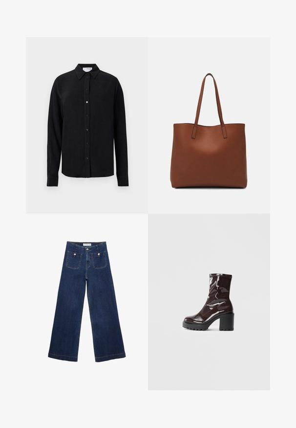 Czarna koszula z długim rękawem z tkaniny przypominającej len, z klasycznym kołnierzykiem, zapięciem na guziki z przodu oraz prostym dołem. Gładka faktura.; Ciemnoniebieskie jeansy typu wide-leg wykonane z denimu, z dwoma przednimi kieszeniami z dekoracyjnymi guzikami i prostym wykończeniem nogawek.; Błyszczące bordowe botki za kostkę z masywną czarną obcasem, charakteryzujące się gładką teksturą i prostym wzornictwem. Brak widocznych zapięć lub wzorów.; Brązowa skórzana torba tote o gładkiej fakturze, z otwartym wierzchem i dwoma ramiączkami. Charakteryzuje się minimalnym przeszyciem i brakiem widocznych elementów metalowych.