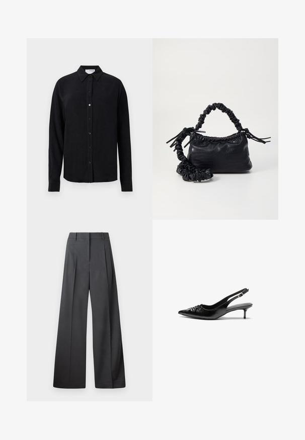 Sort langærmet skjorte i en stof, der minder om hør, med klassisk krave, knaplukning fortil og en lige kant. Glat teksturfinish.; Bredde benbukser i mørkegrå stof, med høj talje, enkelte læg og en glat tekstur med en ren finish ved kanten.; Sorte læderslippers med spidse tæer, lille kitten hæl og en dekorativ knude detalje foran. Glat tekstur hele vejen rundt.; Sort kunstlæder håndtaske med krokodilteksur, indsnøret top og en sammenkrøben rem. Ser blød og kompakt ud i designet.