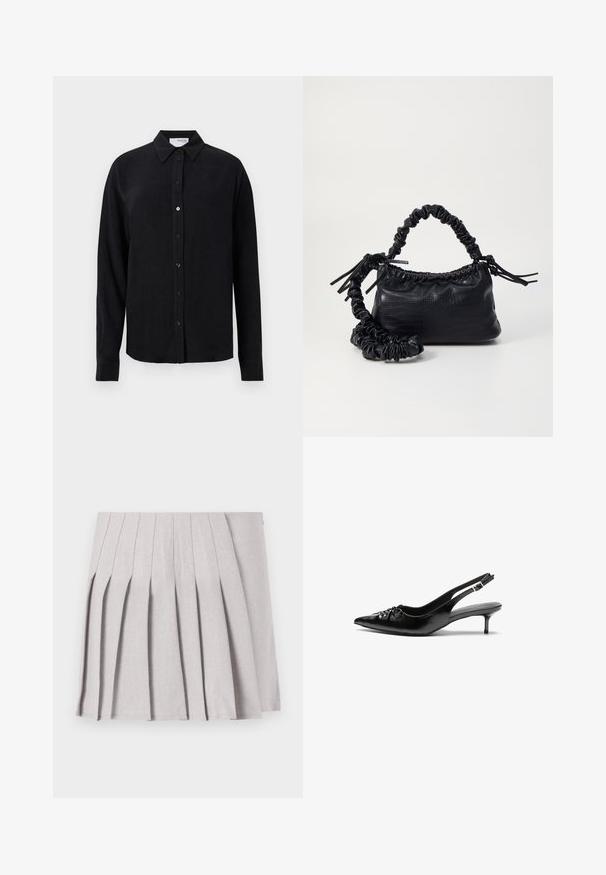 Schwarzes Langarmhemd aus einem leinenähnlichen Stoff mit klassischem Kragen, vorne mit Knopfverschluss und geradem Saum. Glatte Textur.; Grauer plissierter Rock mit glatter Textur, der mehrere vertikale Falten und eine taillierte Taille aufweist. Hergestellt aus leichtem Stoff.; Schwarze Slingback-Pumps aus Leder mit spitz zulaufender Schuhspitze, niedrigem Kitten-Heel und gerafftem Detail am Vorderblatt. Glatte Textur und minimalistisches Design.; Schwarze Handtasche aus Kunstleder mit Krokodilstruktur, gerafftem oberen Teil und einem geschoppten Tragegurt. Sie wirkt weich und kompakt im Design.