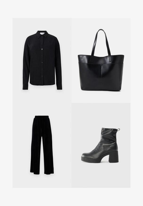 Camicetta nera a maniche lunghe in tessuto simile al lino con colletto classico, chiusura frontale con bottoni e orlo dritto. Finitura a texture liscia.; Pantaloni neri a gamba larga realizzati in morbido velluto, dotati di una cintura elastica e una superficie liscia, senza dettagli o motivi visibili.; Stivali neri alla caviglia in pelle liscia, con zip laterale, tacco spesso e texture, e punta arrotondata.; Borsa a tracolla in pelle nera con due manici lunghi, una texture liscia e una forma strutturata. Presenta una tasca frontale per ulteriore spazio di archiviazione.