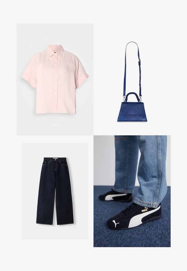 Jasnoróżowa koszula krótko rękawowa z guzikami, wykonana z lnu; ma klasyczny kołnierzyk i luźny krój, z gładką, lekko strukturalną powierzchnią.; Granatowe dżinsy z szerokimi nogawkami i wysokim stanem, pięć kieszeni, kontrastowe szwy i srebrne metalowe akcesoria. Gładka tekstura i czyste wykończenie.; Czarne zamszowe sneakersy z białymi akcentami i złotym logo. Noszone z jasnoniebieskimi dżinsami na teksturowanej niebieskiej powierzchni.; Niebieska torebka z imitacji skóry o kształcie trójkąta, z górnym uchwytem i regulowanym paskiem na ramię. Charakteryzuje się gładką fakturą i detalem klapy z przodu.
