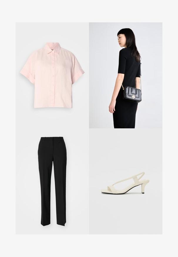 Lichtroze kortekool knoopshirt van linnen; heeft een klassieke kraag en een ontspannen pasvorm, met een glad, iets textuur. ; Zwarte op maat gemaakte broek met een recht model, voorzien van een soepele textuur en scherpe plooien aan de voorkant. Geen zichtbare hardware.; Beige blockhak sandalen met dunne bandjes en een vierkante neus. Glad materiaal met minimale details, ontworpen voor eenvoudig dragen.; Zwarte leren schoudertas met een gouden sluiting, gequilt ontwerp en kettingband. Compacte rechthoekige vorm, minimalistische hardware accenten.