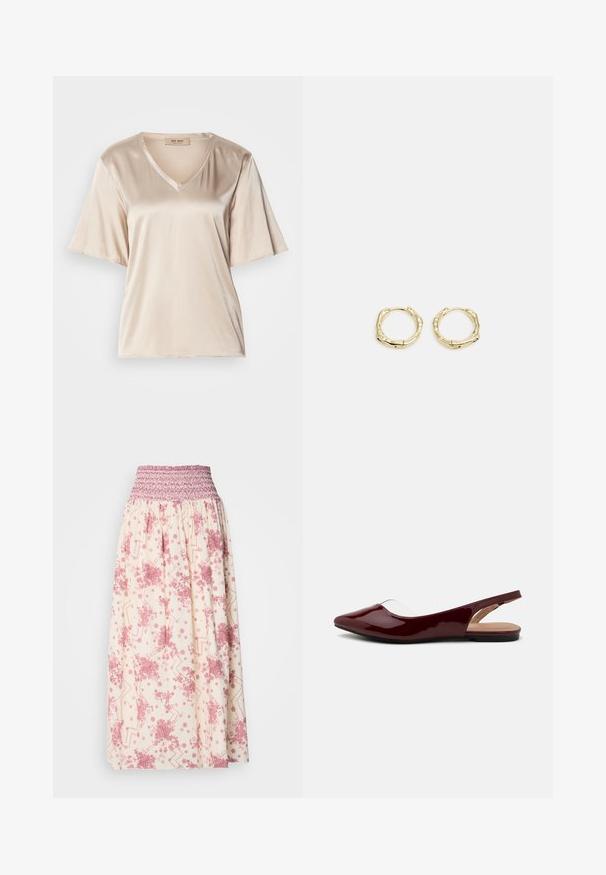 Béžové saténové tričko s výstrihom do V, krátkymi rozšírenými rukávmi a hladkou textúrou. Dizajn je jednoduchý, bez vzorov alebo ozdôb.; Maxi sukňa v krémovej farbe s ružovými kvetinovými a geometrickými vzormi. Obsahuje smockovaný pás pre prispôsobiteľné nosenie, vyrobená z ľahkej látky.; Burgundské patentové slingback baleríny s špicatou špičkou, transparentným výrezom a plochou čiernou podrážkou. Hladká textúra, minimalistický dizajn.; Zlaté kruhové náušnice s textúrovaným, nepravidelným tvarom. Majú bezšvové uzatváranie a lesklý povrch, čo podčiarkuje moderný dizajn.
