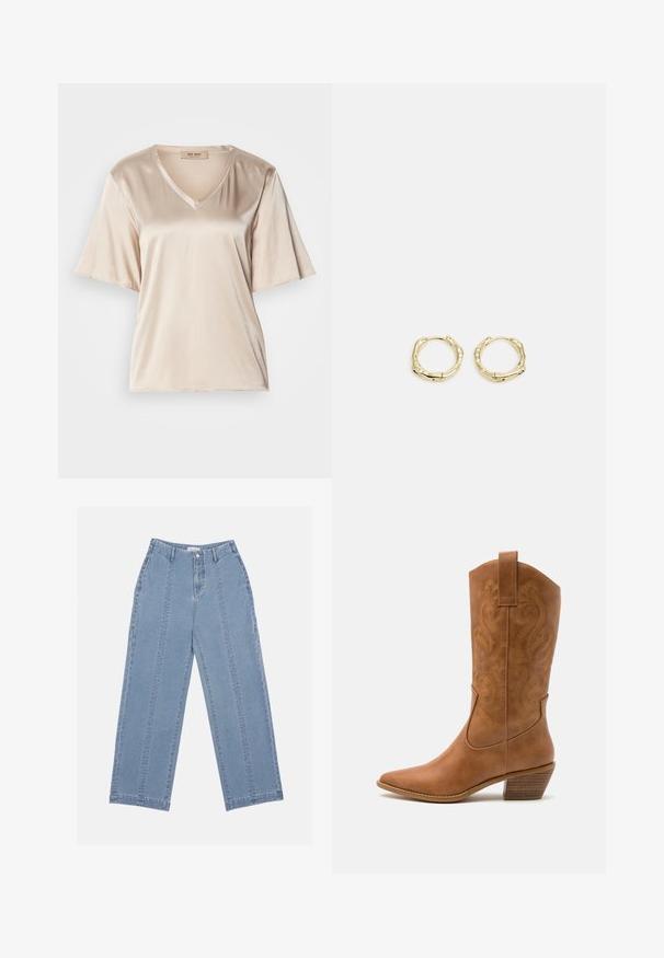 Beež sametist t-särk V-kaelusega, lühikeste flöödid varrukatega ja siledast tekstuurist. Disain on lihtne, ilma mustrite ja kaunistusteta.; Heledad sinine laiad püksid, mis on valmistatud denimist. Omavad kõrget talje, nupuvärvi ja nähtavat õmblust. Esiküljel ei ole nähtavaid taskuid.; Kohvitooni nahast cowboy-kork, millel on terav varvas, tikitud keerised varrel ja virnastatud ploki konts. Omab tõmbeava, et seda oleks lihtne jalga panna.; Kuldsete rõngaskõrvarõngaste tekstuuriga, ebakorrapärane kuju. Omab sujuvat lukustust ja poleeritud pinnatöötlust, rõhutades kaasaegset disaini.