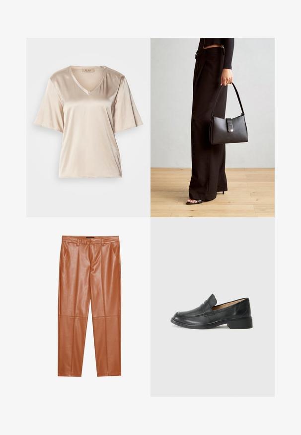 T-shirt de cetim bege com decote em V, mangas curtas e largas, e uma textura suave. O design é simples, sem padrões ou adornos.; Calças de couro sintético castanho com um corte ajustado, apresentando pregas frontais e pernas retas. Textura suave sem acessórios ou detalhes visíveis.; Mocassim de couro preto com um salto baixo, apresentando um design costurado e estilo slip-on, contra um fundo branco liso.; Bolsa preta com forma estruturada, textura suave e um fecho metálico. Combinada com calças largas pretas e sandálias de salto aberto sobre um chão de madeira.
