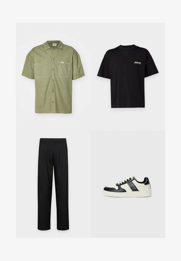 Košulja s kratkimi rokavi v olivno zeleni barvi, narejena iz bombaža, z ovratnikom, dvema sprednjima žepoma in gumbom za zapiranje.; Črna bombažna majica s kratkimi rokavi, okroglo ovratnico in tiskom na sprednjem levem prsnem delu v beli in zlati barvi, ki ima sproščen kroj.; Črne hlače iz gladkega materiala, s krojem ravne noge, dvema sprednjima pregiboma in standardnim pasom z zankami za pas.; Usnjeni športni čevlji z črno in krem barvno shemo, ki vključujejo perforirane dodatke, podložen ovratnik in strukturirano podplat.