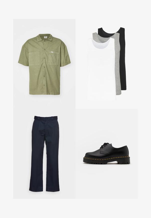 Short-sleeve olive green shirt made of cotton, featuring a collared neckline, two front pockets, and a button-down closure.; Three tank tops in white, gray, and black. Each features a classic sleeveless design, made from lightweight cotton fabric with a ribbed texture.; Navy blue trousers with a straight leg design, made from a smooth fabric, featuring a standard waistband and no visible patterns or hardware.; Black leather lace-up shoe with a rounded toe, textured rubber sole, and yellow stitching around the base. Flat design and smooth finish.