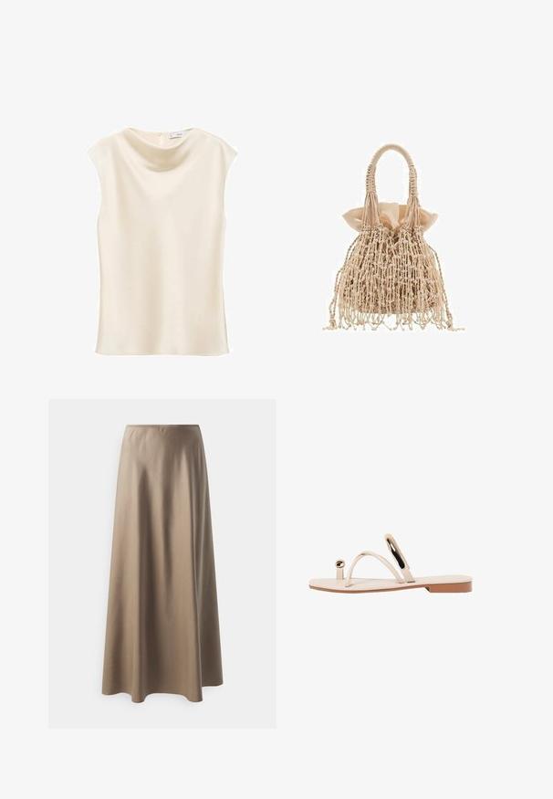 Mango NOELISI - Top - off-white; Srednje dolga krila iz gladkega bež blaga z elastičnim pasom in ohlapnim, tekočim siluetom. Brez vidnih vzorcev ali poudarkov.; Bežne ravne sandale s tankimi trakovi, okroglimi detajli in gladkim podplatom. Oblikovanje se ponaša z minimalističnim oblikovanjem in sijočo teksturo.; Tkanjena bež torbica z teksturiranim dizajnom, ki ima nabran satenski notranji del in resicami, zaključena z dvema pletenima ročajema.