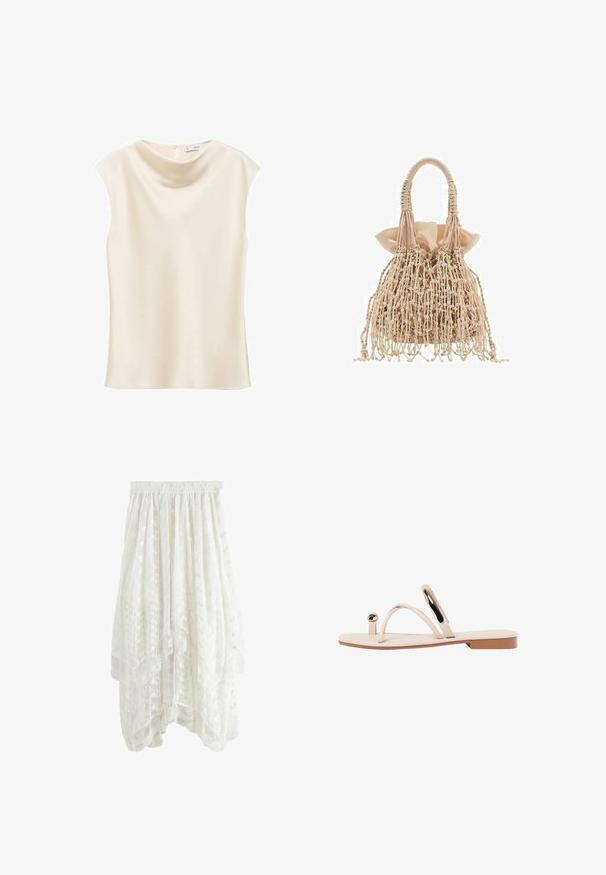 Mango NOELISI - Top - off-white; Bílá krajková sukně s vrstveným designem, elastickým pasem, květinovými vzory a cikcakovým lemem. Lehký, polotransparentní materiál.; Beige ploché sandály s tenkými pásky, kruhovými detaily a hladkou podrážkou. Design má minimalistický tvar a lesklou texturu.; Tkána béžová kabelka s texturovaným designem, která má ruflovaný saténový interiér a třásňové detaily, dokončeno dvěma pletenými ušima.