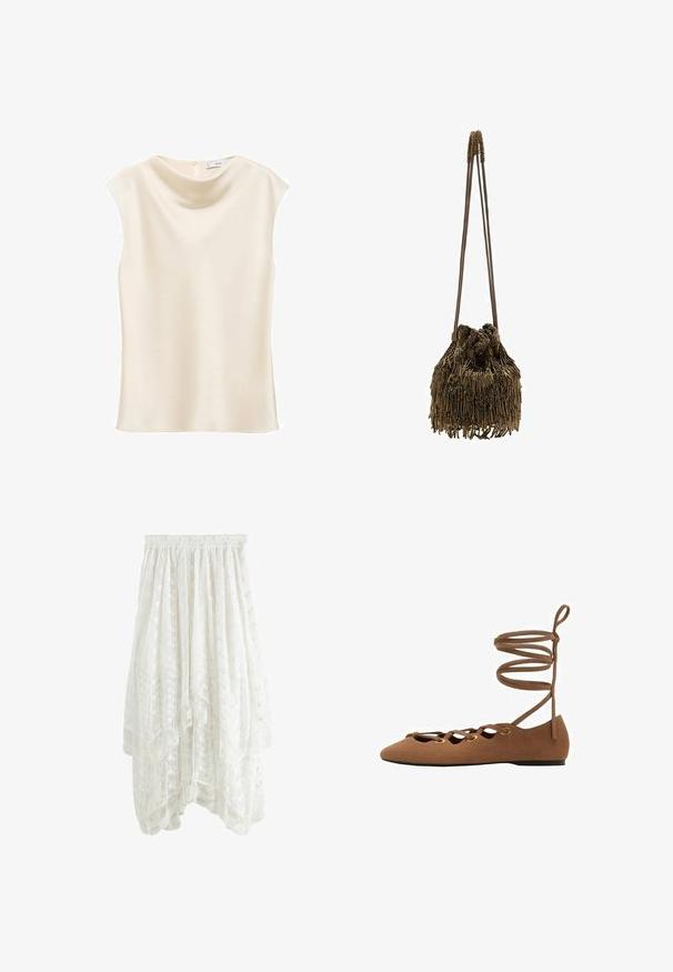 Mango NOELISI - Top - off-white; Weißer Spitzenrock mit Schichtendesign, elastischem Bund, floralen Mustern und gewelltem Saum. Leichtes, halbtransparentes Material.; Braune Wildleder-Balletschuhe mit spitzem Zeh, Ausschnitt-Design und überkreuzten Riemen. Verfügt über goldfarbene Ösen und eine flache Sohle.; Bronzene Tasche mit gerafftem oberen Teil, verziert mit langen, schmalen Fransen. Zwei schlanke Tragegurte. Strukturierte Oberfläche mit metallischem Glanz.