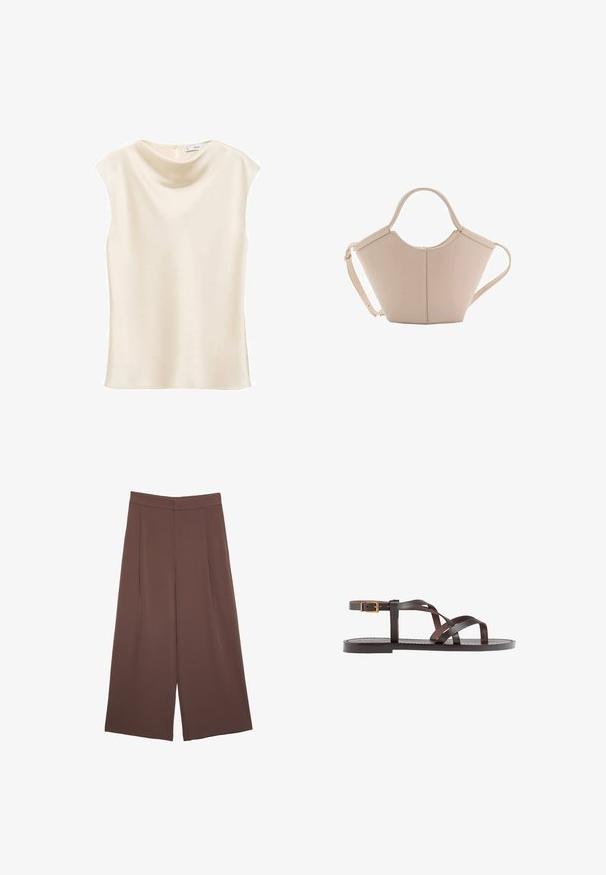 Mango NOELISI - Top - off-white; Brown wide-leg trousers with a smooth texture, featuring a high waist and front pleats. The fabric is lightweight and flows loosely.; Brown leather sandal featuring crisscross straps, an ankle buckle closure, and a flat sole with minimal stitching details.; Beige leather handbag with a unique shape, featuring two short handles and a long adjustable strap. Smooth texture with minimal hardware.