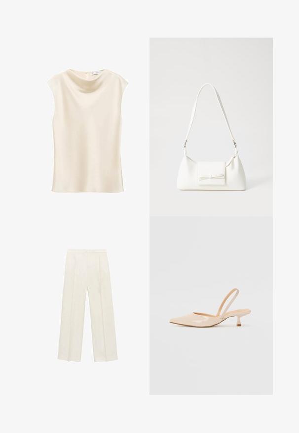 Mango NOELISI - Top - off-white; Wide-legged trousers in a light cream color. Made from a smooth fabric with pleats at the front and side pockets.; Beige patent leather slingback heels with pointed toe and a slim, square heel. Smooth texture and minimalist design with no embellishments.; White synthetic handbag with a triangular shape, flat front flap and bow detail, adjustable strap, smooth texture, and minimalistic design.