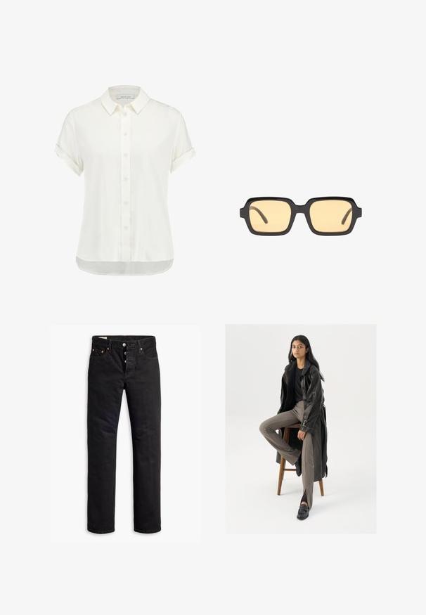 Witte blouse met korte mouwen, gemaakt van een lichtgewicht stof, met een knoopsluiting aan de voorkant, een kraag en opgerolde manchetten met een lichtgebogen zoom.; Zwarte denim jeans met een rechte snit, vijf-pocket ontwerp en een knoopsluiting. Beschikt over koperen klinknagels en stikselaccenten.; Zwarte leren trenchcoat met knopen en riemdetails, gecombineerd met lichtbruine getailleerde broek en zwarte loafers, zittend op een houten kruk.; Zwarte rechthoekige zonnebril met gele glazen, een lichtgewicht montuur en opvallende rechte randen op de temples. Gladde, glanzende afwerking.; Zwarte leren handtas met twee verlengde handvatten, ritsluiting en ronde vorm; gladde textuur met subtiele glanzende afwerking.