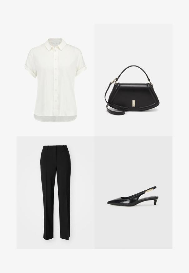 White short-sleeve blouse made of lightweight fabric, featuring a button-up front, collar, and rolled cuffs with a slightly curved hem.; Black tailored trousers with a straight-leg design, featuring a smooth texture and crisp creases along the front. No visible hardware.; Black leather slingback heels with a pointed toe, featuring a slim heel and a gold-tone accent on the adjustable strap. Smooth texture.; Black leather handbag with a structured design, featuring a cropped shape, top handle, and gold hardware accent. Adjustable shoulder strap included.