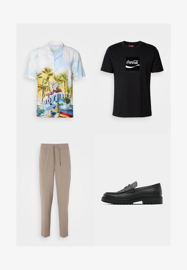 Camisa de botão de manga curta em tecido leve com um padrão tropical, incluindo palmeiras, cores de pôr do sol e uma gráfica "Falcon Motel".; T-shirt de algodão preto com mangas curtas e decote redondo, apresentando um gráfico do logótipo da Coca-Cola em branco com um destaque retangular.; Calças bege claras com cintura elástica, cordão ajustável e pernas ajustadas. O tecido parece suave com um leve brilho.; Sapatilhas de couro preto com bico arredondado, apresentando um design cosido, sola de plataforma baixa e um solado de borracha texturizado e com cravos.