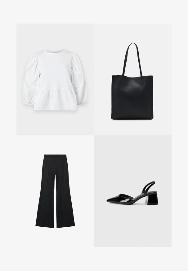 White blouse with a round neckline, puffed long sleeves, and a tiered ruffle hem. Made of smooth fabric with no visible patterns or hardware.; Black wide-leg pants with a smooth texture, featuring front pleats and a tailored design. The fabric is lightweight and flowy.; Black patent leather slingback heels with a pointed toe and a geometric block heel. Features a sleek, minimal design and smooth texture.; Black leather tote bag with smooth texture, rectangular shape, and two long handles. No visible hardware or embellishments.