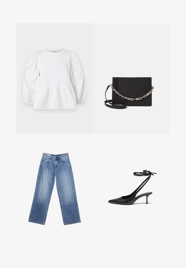 Blouse blanche avec un col rond, des manches longues bouffantes et un ourlet à volants en plusieurs niveaux. Fabriquée en tissu lisse sans motifs ni matériel visible.; Jean en denim à jambe large de couleur bleu clair avec un motif en losange matelassé, comportant cinq poches et une fermeture à bouton à la taille.; Escarpin noir en cuir avec un bout pointu, un dos ouvert et des brides à la cheville nouées en nœud. Talon fin de 3 pouces. Texture lisse, design minimaliste.; Sac bandoulière en cuir noir avec une texture lisse, de forme rectangulaire et un détail en chaîne métallique à l'avant. Sangle réglable incluse.