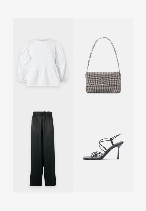 Blouse blanche avec un col rond, des manches longues bouffantes et un ourlet à volants en plusieurs niveaux. Fabriquée en tissu lisse sans motifs ni matériel visible.; Pantalons larges noirs en tissu lisse, dotés d'une taille élastique avec un cordon de serrage. Design simple et minimaliste.; Des sandales noires à talons hauts avec des fines lanières au design noué, un bout carré lisse et un talon aiguille élégant.; Sac à main en métal gris clair avec une bandoulière en chaîne, orné de petits clous métalliques ronds et d'un logo de marque triangulaire.; Boucles d'oreilles en argent avec une finition lisse et brillante. Forme arrondie, conception légère, avec un fermoir à tige.