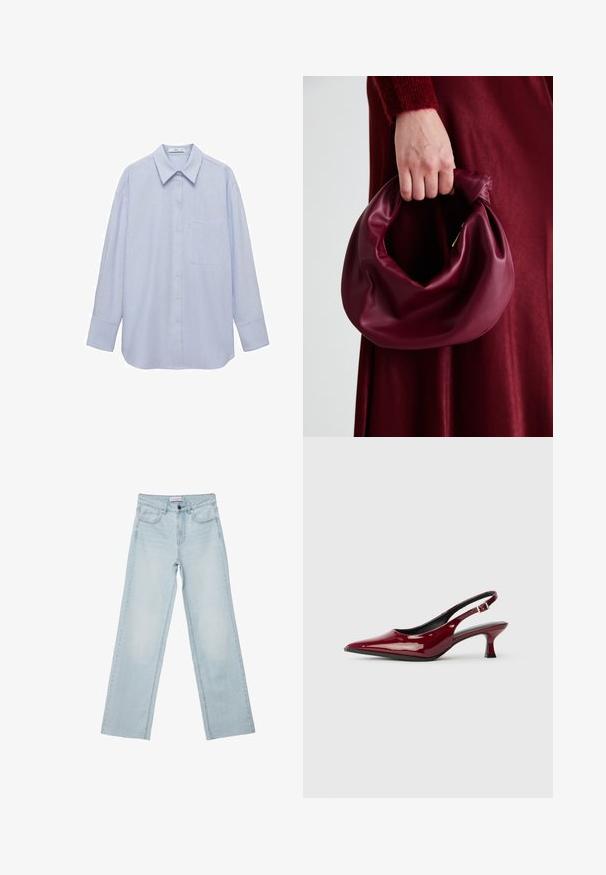 Camicia a maniche lunghe a righe blu chiaro e bianco, con vestibilità comoda, colletto e taschino frontale sul lato sinistro.; Jeans a gamba larga di colore blu chiaro realizzati in denim. Presentano cinque tasche, un bottone sul davanti e dettagli sbiaditi. Taglio dritto classico con vestibilità ampia.; Décolleté in pelle verniciata bordeaux con punta affusolata e tacco a spillo elegante. Design aperto sul retro con dettaglio della fascia alla caviglia regolabile.; Borsa in pelle bordeaux con un design morbido e arricciato e una forma arrotondata. Il manico è fissato, mostrando una texture liscia.