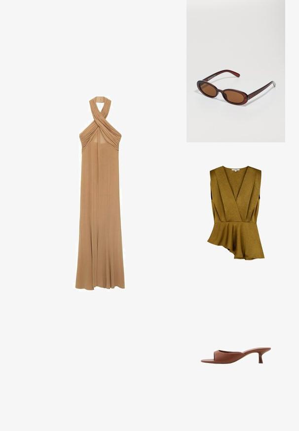 Mosterdgele peplumtop van textiel met structuur, met een diepe V-hals en zonder mouwen, voorzien van een asymmetrische zoom.; Halterneck jurk in zacht beige stof, met geplooide details bij de halslijn en een vloeiende, lange ontwerp tot op de vloer.; Bruine open teen hakschoenen met een gladde, matte afwerking, met een gebogen ontwerp en een transparante, taps toelopende hak.; Ronde, bruin getinte zonnebril met een glanzend bordeauxrood frame. Slanke pootjes met subtiele merkdetails. Vlakke lensontwerp.