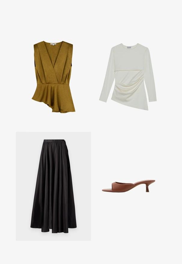 Sininen paksu peplum-toppi, joka on valmistettu teksturoidusta kankaasta, syvällä V-kaula-aukolla, olkaimettomalla suunnittelulla ja epäsymmetrisellä helmalla.; Pitkähihainen kerma jacket, jossa on pyöreä pääntie, kerroksellinen muotoilu ja rypytetty yksityiskohta alaosassa. Pehmeä kangas, jossa on sileä rakenne.; Musta maksihame, joka on valmistettu sileästä kankaasta ja jossa on kokoontaitettava vyötärö, täysi A-linjainen siluetti ja minimalistinen muotoilu ilman näkyvää metalliosaa.; Ruske avto čevlji s peto, odprti spredaj, z gladko mat površino, ki imajo ukrivljen dizajn in prozorno, stožčasto peto.