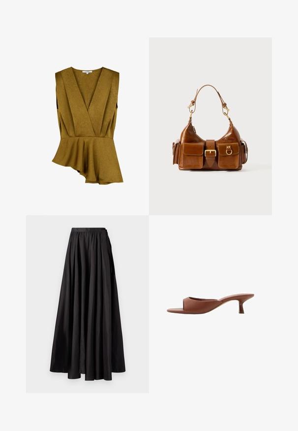 Sennepsgult peplum-top lavet af struktureret stof, med en dyb V-halsudskæring og ærmeløst design samt en asymmetrisk kant.; Langærmet bluse i cremefarve med en rund halsudskæring, der har et lagdelt design og rynkede detaljer i den nederste sektion. Blødt stof med en glat tekstur.; Sort maxi nederdel lavet af glat stof, med en samlet talje, fuld A-linje silhuet og minimalistisk design uden synlig hardware.; Brune åbne tå hæle mules med en glat, mat finish, der har et buet design og en gennemsigtig, afsmalnende hæl.; Brun læder håndtaske med en buet form, dobbelt hardware i guldtoner, to frontlommer og en bred skulderrem. Glat tekstur med en elegant finish.