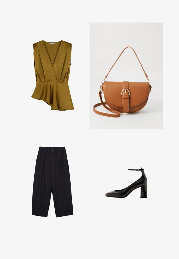 Senfgelbes Peplum-Top aus strukturiertem Stoff, mit tiefem V-Ausschnitt und ärmellosem Design sowie asymmetrischem Saum.; Schwarze Polyester-Culotte mit einem elastischen Bund, zwei vorderen Falten und einer lockeren Silhouette. Keine sichtbaren Muster oder Hardware-Details.; Schwarze Lackleder-Pumps mit Knöchelriemen und glänzender Oberfläche, spitzer Zehenform und dickem Blockabsatz. Sanfte Textur, minimalistische Details.; Braune Leder-Crossbody-Tasche mit geschwungener Form, goldfarbenen Beschlägen und einer Schnallenakzentuierung. Verfügt über einen abnehmbaren Schultergurt.