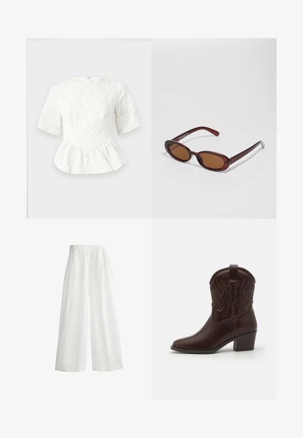 Weißes Peplum-Top mit kurzen Ärmeln, strukturiertem Blumenmuster, rundem Ausschnitt und Reißverschluss hinten. Weicher Stoff mit strukturiertem Design.; Weiße, weite Hosen mit einem elastischen Bund, ausgestattet mit frontalen Falten und einem leichten, strukturierten Stoff.; Braune Leder-Cowboy-Stiefel mit spitzen Zehen, geprägten Flügelmotiven, einem mittelhohen Blockabsatz und einer Zuglasche auf der Rückseite.; Runde, braun getönte Sonnenbrillen mit einem glänzenden burgunderfarbenen Rahmen. Schlanke Bügel mit dezentem Branding. Flaches Linsendesign.