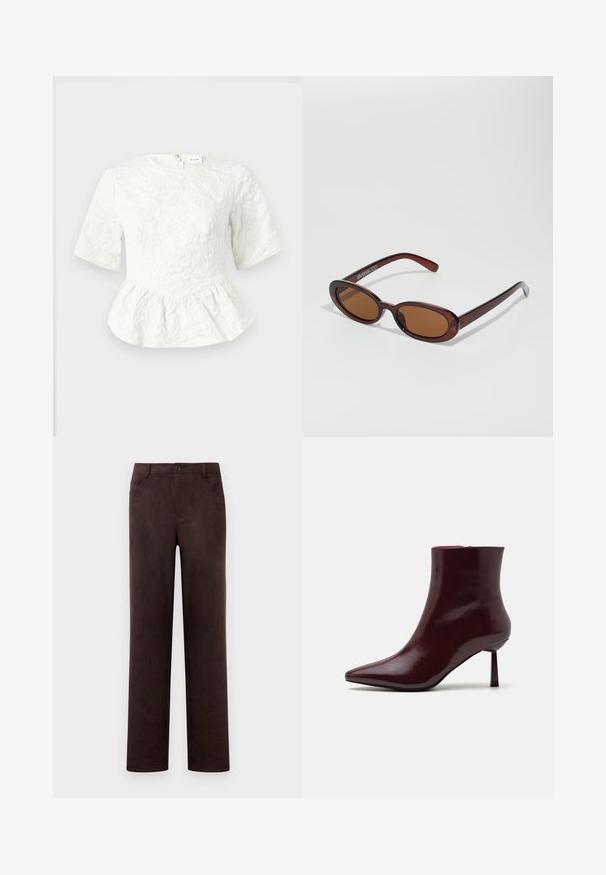 Valkoinen peplum-toppi lyhyillä hihoilla, tekstuurilla varustettu kukkakuosi, pyöreä pääntie ja takana vetoketjukiinnitys. Pehmeä kangas rakenteellisella designilla.; Suorat jalat tummanruskeat nahanhousut, joissa on etupainike ja vetoketju, vyölenkit ja sivutaskut.; Burgundi kiiltävä nahkainen nilkkasaapas, jossa on terävä kärki ja kapea korko, joka esitellään sileällä, kiiltävällä pinnalla ja minimalistisella suunnittelulla.; Pyöreät, ruskehtavat aurinkolasit, joissa on kiiltävä burgundinpunainen runko. Kapeat sivut, joissa on hienovarainen brändäys. Litteät linssit.; Punainen viininvärinen käsilaukku, joka on pyöreämuotoinen ja jossa on yksi kahva. Laukussa on tekstuuri pinta ja joustava nyöri sulkimena.