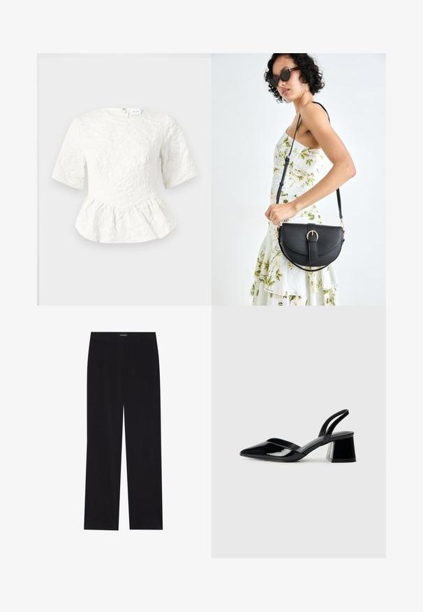 White peplum top with short sleeves, textured floral pattern, round neckline, and back zipper closure. Soft fabric with structured design.; Black corduroy trousers with a straight cut, featuring a flat waistband and no visible pockets, smooth texture, and vertical ribbing detail.; Black patent leather slingback heels with a pointed toe and a geometric block heel. Features a sleek, minimal design and smooth texture.; Black leather handbag with a curved shape, detachable strap, and gold hardware. The bag features a flap with a buckle detail.