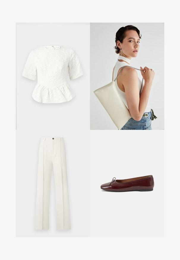 Weißes Peplum-Top mit kurzen Ärmeln, strukturiertem Blumenmuster, rundem Ausschnitt und Reißverschluss hinten. Weicher Stoff mit strukturiertem Design.; Weiße, weite Hosen mit hohem Bund, ausgestattet mit zwei frontalen Falten, einem einzigen Knopfverschluss und Taschen. Glatte Stofftextur.; Burgunderfarbenes, lackiertes Ballettschuh mit abgerundetem Zehenbereich, kleiner Schleifenakzent vorne und einer niedrigen, schwarzen Gummisohle. Glatte Textur.; Weiße rechteckige Clutch aus glänzendem Material mit einem silbernen Kettenriemen. Das Model posiert und präsentiert die Tasche vor einem schlichten Hintergrund.