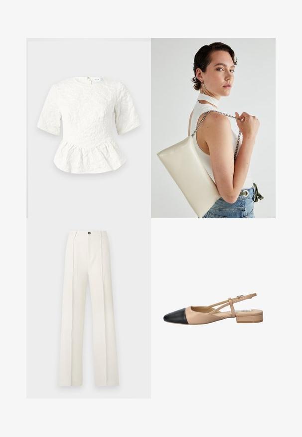 Bela peplum majica s kratkimi rokavi, teksturiran cvetlični vzorec, okrogli izrez in zadrga na hrbtni strani. Mehka tkanina s strukturiranim oblikovanjem.; Bela široka hlače z visokim pasom, ki imajo dva sprednja pregiba, en gumb za zapiranje in žepe. Gladka tekstura tkanine.; Bežna in črna dvobarvna slingback čevlja s koničastim noskom, ravnim peto in križno zasnovo traku. Gladka usnjena tekstura.; Bela pravokotna torbica za ključe iz sijajnega materiala, opremljena s srebrno verižico. Model pozira in prikazuje torbico na enobarvni podlagi.