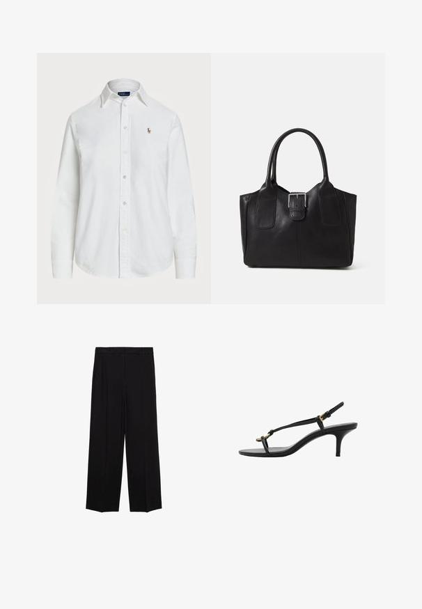 White button-up shirt made of cotton with a classic collar, long sleeves, and a small embroidered logo on the chest. Textured fabric.; Black wide-leg trousers with a smooth fabric, featuring pleats at the front and side pockets, designed with a straight, relaxed cut.; Black leather kitten heel sandal with thin straps, gold buckle, and minimalist toe loop on a white background.; Black leather tote bag with smooth texture, structured shape, two handles, and a prominent silver buckle detail on the front.