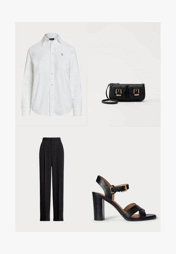 White button-up shirt made of cotton with a classic collar, long sleeves, and a small embroidered logo on the chest. Textured fabric.; Black tailored trousers with a high waist, featuring pleats at the front, a straight leg design, and a cuffed hem. Made from smooth fabric.; Black leather heeled sandals with a cross-over strap design and a buckle closure. Features a chunky heel and smooth texture.; Black leather crossbody bag with two front pockets, gold buckles, zipper closure, and a slim strap. Textured surface and compact rectangular shape.