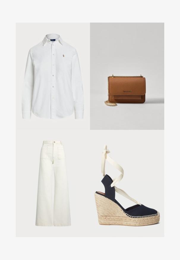 Hvit skjorte med knappestolpe laget av bomull, med klassisk krage, lange ermer og en liten brodert logo på brystet. Teksturert stoff.; Vidde bukser i off-white denim. Høyt liv-design med knappelukking, to frontlommer og kontrastsøm detaljer.; Marine blå lærret kile sandal med jute såle og kremfargede bånd rundt ankelen. Lukket hæl og rund tå-design.; Brun teksturert lær crossover-veske med gullkjede-stropp og klaffelukking. Fronten har logo-detalj og en lomme under klaffen.