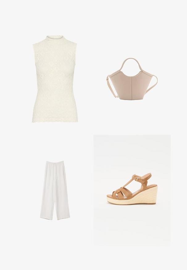 Ärmlös spetsblus i off-white med hög krage. Har en texturerad blommönster och en scalloperad nederkant. Slät finish genom hela plagget.; Vita vida byxor i vid passform gjorda av ett lättviktsmaterial. Har en elastisk midja med dragsko och sidofickor. Slät textur.; Bruna kilklackssandaler med tvärband, justerbart ankelsläp och en texturerad vävd espadrillo-kil.; Beige läderhandväska med en unik form, med två korta handtag och ett långt justerbart axelband. Slät textur med minimal hårdvara.