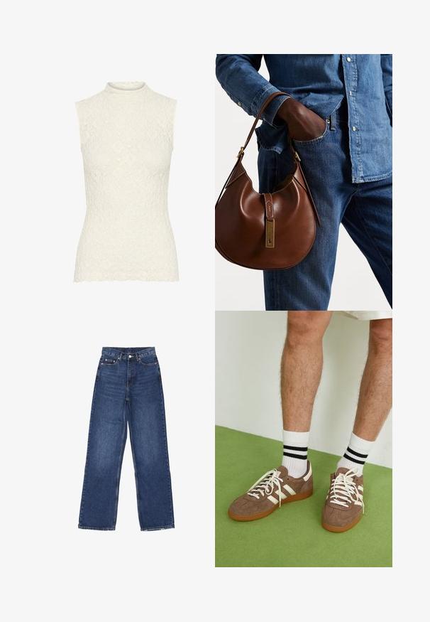 Šněrovací bezrukávový top v off-white barvě s vysokým límcem. Obsahuje texturovaný květinový vzor a vlnitý lem. Hladký povrch po celé ploše.; Svetle modré džíny s širokými nohavicemi a vysokým pasem, se zapínáním na knoflík, pěti kapsami a jemným vyblednutím na látce.; Hnědé semišové tenisky s bílými akcenty a tkaničkami. Gumová podrážka. Nošeny s bílými ponožkami s černými pruhy. Zelená strukturovaná podlaha.; Hnědá kožená hobo taška zaobleného tvaru, se zlatým kováním a kontrastním prošíváním. V kombinaci s džínovou košilí a džíny.