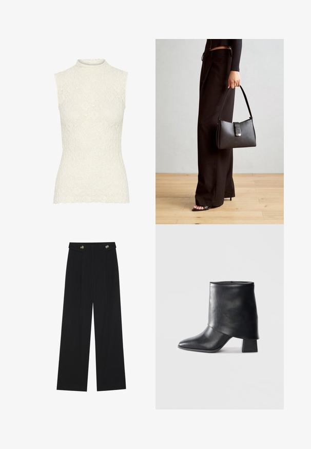 Ärmelloses Spitzenoberteil in Cremeweiß mit hohem Kragen. Verfügt über ein strukturiertes Blumenmuster und einen gewellten Saum. Glatte Oberfläche.; Schwarze weite Hosen mit hoher Taille, Knopfdetails am Bund und vorderen Falten.; Schwarze Lederstiefelette mit spitzer Zehenform, glatter Oberfläche und strukturiertem Blockabsatz. Mit einem hohen, gefalteten Schaftdesign.; Schwarze Handtasche mit strukturierter Form, glatter Textur und einem metallischen Verschluss. Kombiniert mit weiten schwarzen Hosen und offenen Sandalen auf einem Holzboden.