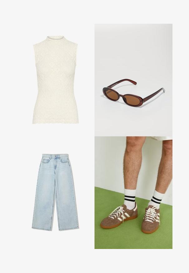 Kuvioitu pitsitoppi hihattomana off-white-värissä ja korkealla kauluksella. Ominaisuuksiin kuuluu teksturoitu kukkakuosi ja kihara helma. Tasainen pinta kauttaaltaan.; Vaaleansiniset leveälahkeiset farkut, joissa on korkeavyötärö, viisi taskua ja näkyvät ompeleet saumoissa.; Ruske nahkate sneakerit valkoisilla korostuksilla ja nauhoilla. Kumi-gumipohja. Yhdistetty valkoisiin sukkiin, joissa on mustia raitoja. Vihreä teksturoitu lattia.; Pyöreät, ruskehtavat aurinkolasit, joissa on kiiltävä burgundinpunainen runko. Kapeat sivut, joissa on hienovarainen brändäys. Litteät linssit.; Ruskean kudottu nahkainen käsilaukku, jolla on löysä, kolmiomainen muoto. Varustettu punotulla kahvalla ja vetoketjukiinnityksellä ylhäällä.